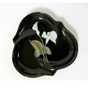 Handpainted Water Lilies Gold Trim Black Ceramic Dish Yamaji Japan Vintage 1980s